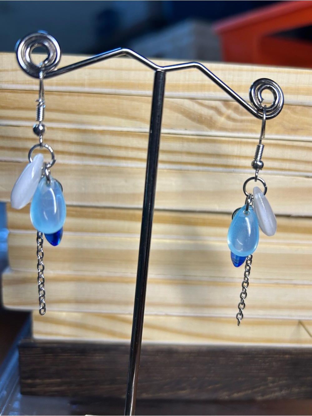 3/$25 Dainty Blue & White Glass Teardrop Dangle Earrings - Picture 6 of 7